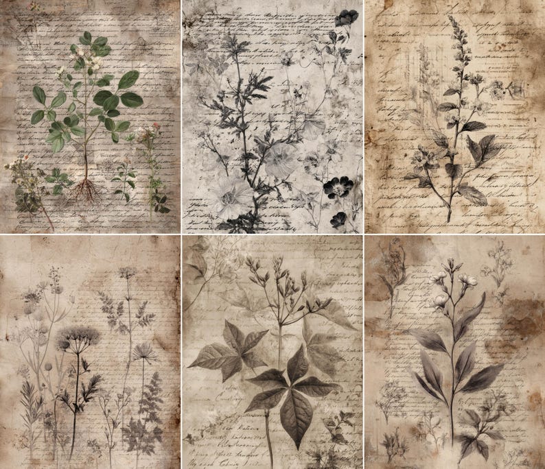 May include: A collage of six botanical illustrations on aged paper. Each features detailed drawings of plants and flowers in shades of green, gray, and brown. The background is filled with handwritten script, creating a vintage aesthetic.