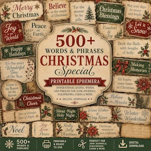 Peut inclure: Une collection d'étiquettes en papier de style vintage, rectangulaires et ovales, avec des phrases de Noël comme Merry Christmas, Joy to the World et Silent Night. L'étiquette centrale affiche 500+ WORDS & PHRASES CHRISTMAS SPECIAL PRINTABLE EPHEMERA.