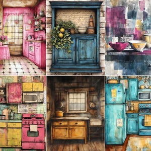 Könnte beinhalten: Eine Collage aus sechs verschiedenen Küchenansichten mit unterschiedlichen Schränken, Geräten und Dekorationen. Die Bilder zeigen eine rosa Küche, einen blauen Küchenschrank, abstraktes Geschirr, eine bunte Küche, eine rustikale Küche und eine blaue Küche.