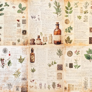 Puede incluir: Un collage de ilustraciones botánicas vintage sobre papel envejecido. Las imágenes presentan varias hierbas, plantas y flores, junto con notas manuscritas, pequeñas botellas y sellos. La paleta de colores está dominada por tonos sepia y verdes.