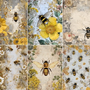 May include: A collage of six images featuring bees and floral elements. The images have a vintage aesthetic with yellow flowers, bees, and aged paper backgrounds. The bees are depicted with black and yellow stripes, and the flowers are in shades of yellow and white.