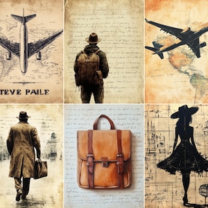 Könnte beinhalten: Ein Set aus sechs Kunstdrucken im Vintage-Stil mit Reisemotiven, darunter ein Flugzeug über einer Landkarte mit dem Text TEVE PAILE, ein Reisender mit Rucksack, ein Flugzeug über einer Karte, eine Person im Mantel, ein brauner Lederrucksack.