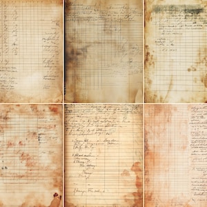 Puede incluir: Un collage de seis páginas de libro mayor antiguas con escritura a mano y líneas de cuadrícula. El papel tiene un tono sepia con manchas y desgaste, lo que sugiere antigüedad. La tinta descolorida añade a la estética vintage.
