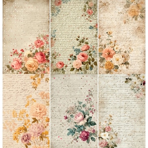 May include: A collage of six vintage-style papers with floral and script designs. Each paper features a different arrangement of roses and other flowers in shades of pink, peach, and yellow. The background is a cream color with handwritten script.