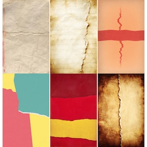 May include: A collage of six images featuring textured paper and torn edges. The color palette includes beige, brown, red, yellow, and teal. The images evoke a vintage or distressed aesthetic, suitable for backgrounds or design elements.