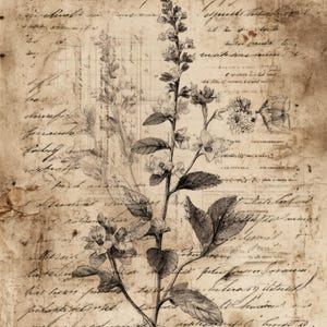 May include: Vintage-style botanical illustration on aged paper. The image features a detailed black and white drawing of a flowering plant with leaves and delicate blossoms. The background is a textured, sepia-toned paper with handwritten script.