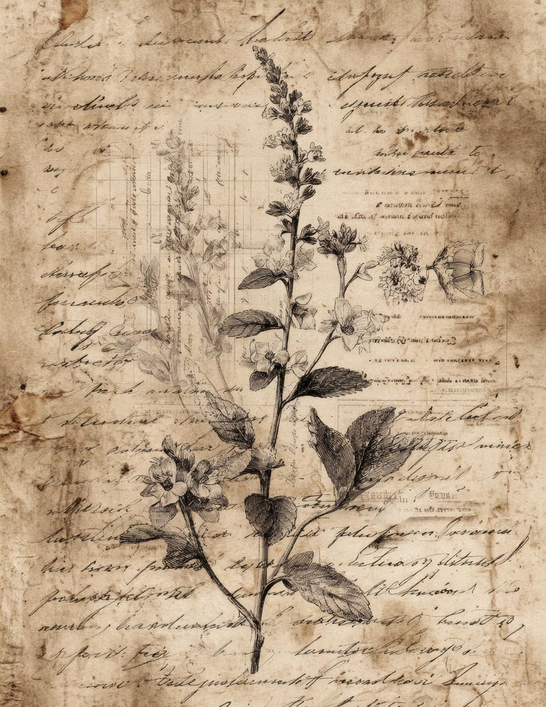 May include: Vintage-style botanical illustration on aged paper. The image features a detailed black and white drawing of a flowering plant with leaves and delicate blossoms. The background is a textured, sepia-toned paper with handwritten script.