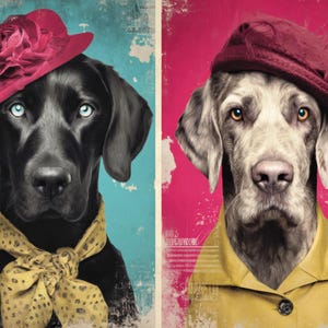 May include: Two dog portraits. One is a black Labrador wearing a red rose hat and a yellow scarf with black spots. The other is a Weimaraner wearing a burgundy beret and a yellow collared shirt. Both dogs have a vintage, artistic style.