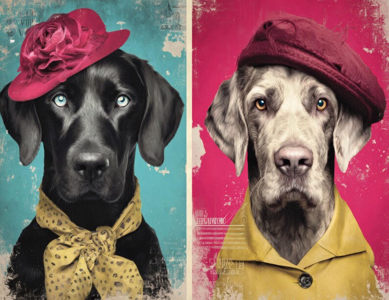 May include: Two dog portraits. One is a black Labrador wearing a red rose hat and a yellow scarf with black spots. The other is a Weimaraner wearing a burgundy beret and a yellow collared shirt. Both dogs have a vintage, artistic style.