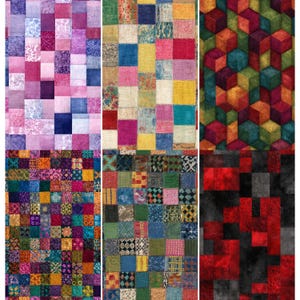 May include: A collection of colorful patchwork fabric designs. The designs feature squares of various colors and patterns, including floral, geometric, and abstract motifs. The color palette includes pinks, purples, blues, yellows, greens, and reds.