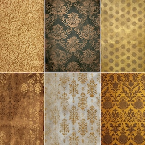 May include: A collection of six vintage-style wallpaper samples. The patterns include floral, damask, and geometric designs in shades of gold, brown, and dark green. The textures vary from smooth to distressed, offering a range of classic and elegant looks.