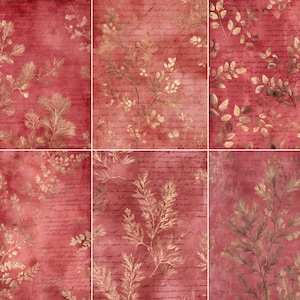 Puede incluir: Un collage de seis paneles con un diseño vintage. Cada panel presenta un fondo rojo texturizado con ilustraciones botánicas doradas. Se puede ver una escritura tenue, lo que se suma a la estética antigua. El diseño general evoca elegancia.