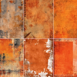 May include: A collage of six textured paper backgrounds in shades of orange, brown, and gray. The papers have distressed effects, with visible textures, patterns, and hints of text, creating a vintage or rustic aesthetic.
