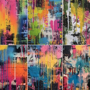 May include: A six-panel artwork featuring abstract graffiti art. Each panel displays a mix of vibrant colors, including pink, yellow, orange, blue, and green, with paint drips and layered textures. The artwork has a modern, urban aesthetic.