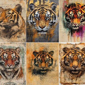 May include: A collection of six artistic prints featuring tiger portraits. Each image displays a tiger head with distinct textures, including script handwriting, gold leaf accents, and vibrant paint splatters in orange, black, and white tones.