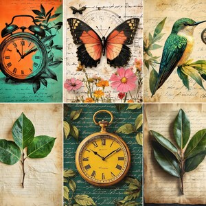 May include: A set of six decorative wall art prints featuring vintage-style imagery. The collection includes illustrations of a twin-bell alarm clock, a large butterfly with pink flowers, a hummingbird with a pocket watch, green leaves, and a gold pocket watch.
