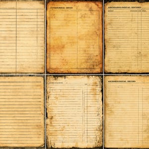 Könnte beinhalten: Eine Sammlung von sechs rechteckigen Blättern aus gealtertem, beigefarbenem Papier mit dunkelbraunen Flecken und abgenutzten Rändern. Jedes Blatt zeigt schwarze Linien, Spalten und den Text ARCHAEOLOGICAL RECORD zur Dokumentation von Funden.