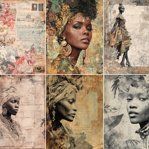 May include: A collage of six artistic portraits of women. The images display a range of styles, including colour and monochrome, with floral and vintage paper backgrounds. The portraits highlight diverse skin tones and cultural attire.