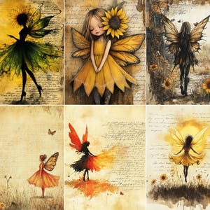Könnte beinhalten: Eine Sammlung von sechs Kunstdrucken mit Feenfiguren mit Schmetterlings- oder Sonnenblumenflügeln vor einem Hintergrund aus antikem Pergament mit kursiver Schrift, floralen Elementen und warmen Farbpaletten in Gelb, Orange und Braun.
