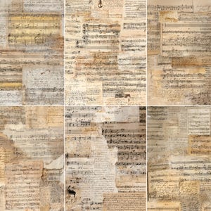 Puede incluir: Un collage de partituras antiguas y notas manuscritas. Los papeles envejecidos en tonos sepia muestran notación musical, escritura y ilustraciones de instrumentos. La disposición crea un efecto texturizado y en capas, evocando historia.