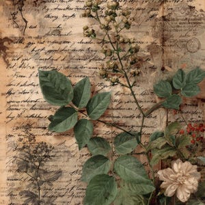 May include: Vintage-style botanical illustration on aged paper. Features a sprig of green leaves, berries, and a white flower. The background is a faded parchment with handwritten script, creating a layered, antique aesthetic.