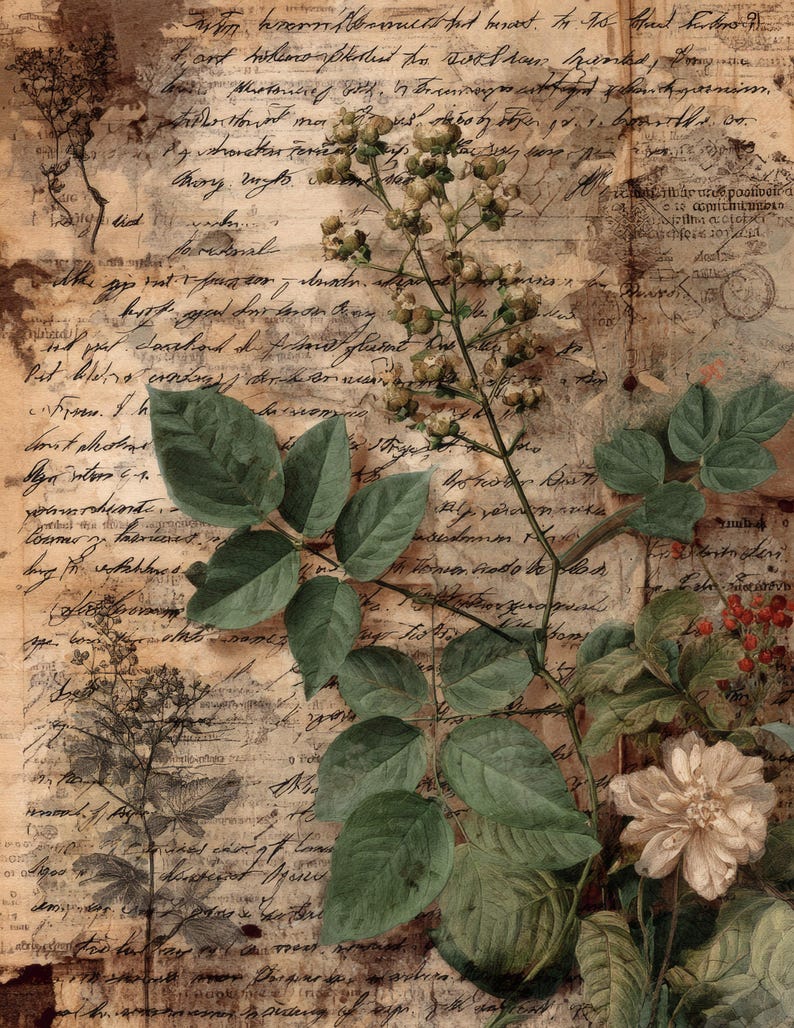 May include: Vintage-style botanical illustration on aged paper. Features a sprig of green leaves, berries, and a white flower. The background is a faded parchment with handwritten script, creating a layered, antique aesthetic.