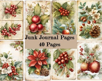 Junk Journal Kit, 40 Christmas Pages, Printable Holiday Journal Sheets, Vintage Xmas Paper for Journaling & Scrapbooking