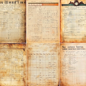 May include: A collection of six aged ledger pages with handwritten text and grid patterns. The pages have a vintage aesthetic, with a sepia-toned color palette and visible signs of wear, suggesting historical documents.