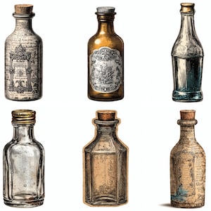 Puede incluir: Una colección de seis botellas de vidrio con diversos diseños, incluyendo vidrio transparente, vidrio ámbar y botellas con etiquetas impresas de estilo vintage que presentan texto e ilustraciones ornamentadas. Cada botella tiene un corcho o tapa.