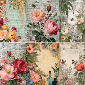 May include: A collage of six vintage-style floral prints. Each print features roses, butterflies, and other flowers in shades of pink, yellow, and red, set against backgrounds of sheet music, aged paper, and botanical illustrations.