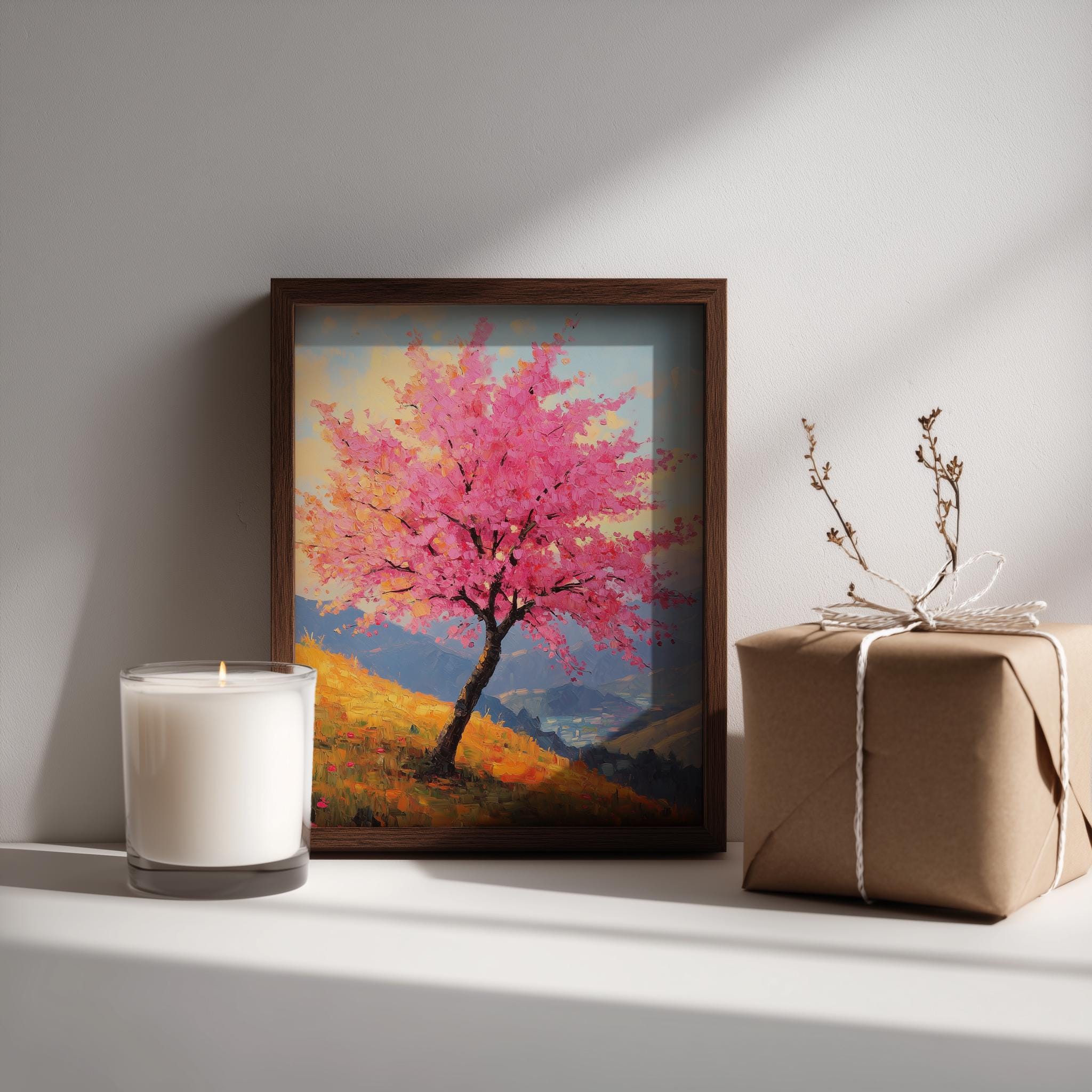 Cottagecore Cherry Blossom Art, Vibrant Sakura Tree on Terraced