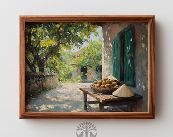 Rustic Vietnamese Courtyard Printable - Vintage Impressionistic Art, Conical Hat & Fruit Basket, Cottagecore Decor, Digital Download  807
