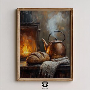 May include: A framed painting depicts a cozy kitchen scene. A copper kettle steams above a loaf of bread and a knitted scarf. A fireplace with a burning fire is visible in the background, creating a warm, inviting atmosphere.