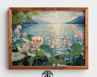 Arte vintage japonés de hojas de loto, pintura botánica relajante, escena acuática serena con flores rosas, decoración asiática imprimible (descarga 246)