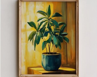 Moody Indoor Plant Painting - Modern Printable Botanical Wall Art, Cozy Nighttime Ficus Print, Rustic Decor, Digital Download Art 452