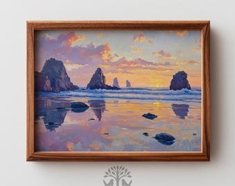 ビーチの子供たち、オリジナルの人物と海景の油絵、夏の夕方のミニ