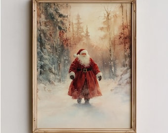 Vintage Weihnachtsmann im verschneiten Wald - Druckbare Weihnachtswandkunst, Festliche Winterszene, Stimmungsvoller Feiertagsdekor, Gemütlicher Digitaler Download 453