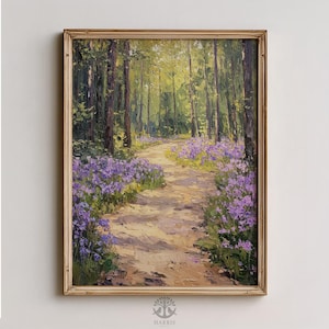 May include: An oil painting of a forest path lined with purple flowers. The path leads into a sunlit clearing, surrounded by tall trees. The artwork is framed in a gold-colored, ornate frame. The painting is signed "Harris" in the bottom corner.