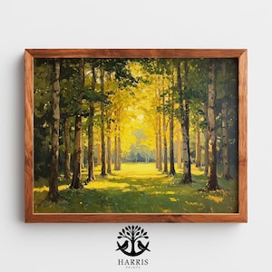 May include: A framed landscape painting of a sunlit forest scene. The artwork features tall trees with green and yellow foliage, and a path leading into the bright sunlight. The frame is made of brown wood. The logo "HARRIS PRINTS" is at the bottom.