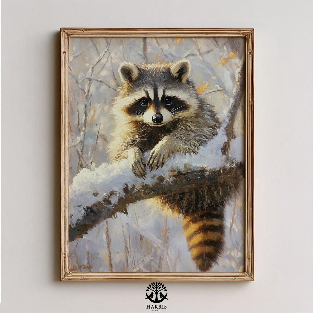 Rustic Raccoon Raccoon in Frosty Woodland - Rustic Winter Wildlife Art, Woodland Charm ...