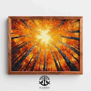 Puede incluir: Una obra de arte enmarcada representa un dosel forestal otoñal. Altos y oscuros troncos de árboles se alzan hacia arriba, con sus ramas enmarcando un cielo brillante y soleado. Las hojas están pintadas en tonos naranja y amarillo. La obra está en un marco de madera marrón. El logotipo de Harris Prints está en la parte inferior.
