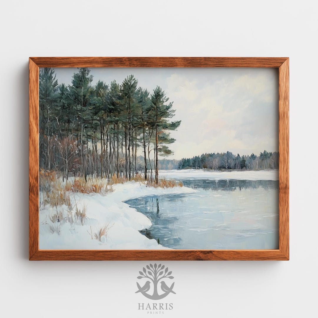 Winter Lake With Pine Trees Painting - Serene Frozen Landscape, Moody ...