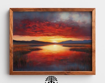 Patagonian Lagoon Sunset - Dramatic Moody Landscape Art, Fiery Red-Orange Sky, Serene Calm Waters, Printable Wall Decor Download 390