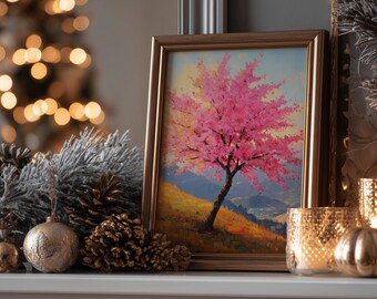 Cottagecore Cherry Blossom Art, Vibrant Sakura Tree on Terraced