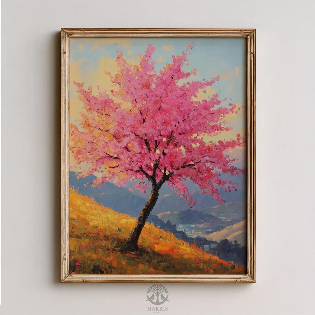 Cottagecore Cherry Blossom Art, Vibrant Sakura Tree on Terraced