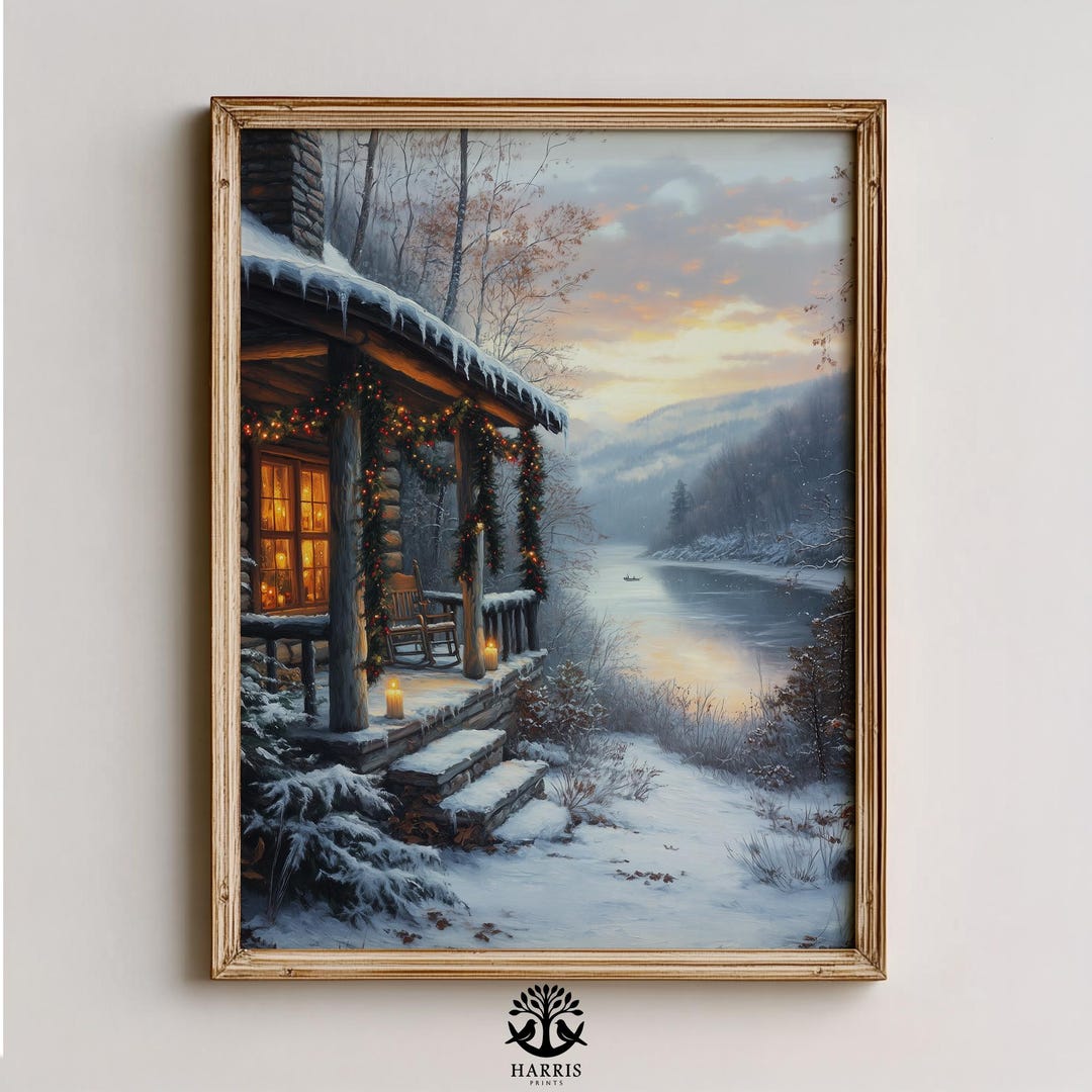 Rustic Winter Cabin Scene Printable - Cozy Snowy Porch at Dusk ...