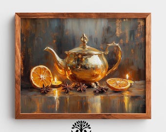 Vintage Teapot Still Life - Printable Moody Kitchen Art, Cozy Autumn Decor, Rustic Brass Teapot with Spices, Digital Wall Art 396