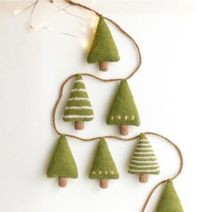 Könnte beinhalten: Eine festliche Girlande aus gestrickten Weihnachtsbäumen in Grüntönen, einige mit weißen Streifen oder Punktmustern. Die Bäume sind an einem braunen Seil aufgereiht, mit kleinen Lichtern oben, für eine festliche Dekoration.