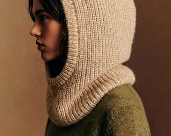 Chunky Balaclava Knitting Pattern Modern Hooded Scarf Video Supported Knit Instructions Neck Warmer Half Fisherman Rib Digital Download