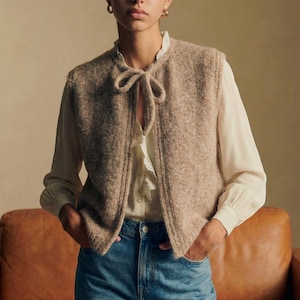 Tie Bow Vest Pattern Knitting PDF Scandi Style Sleeveless Cardigan Waistcoat Easy Quick Knit Project Stockinette Stitch iCord neckline